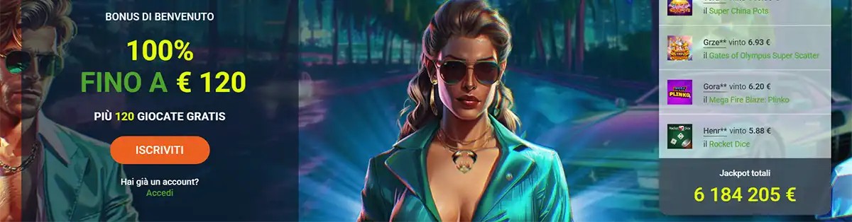Italian casino welcome bonus banner featuring a female character, 100% bonus up to €120, free spins and sign-up call to action