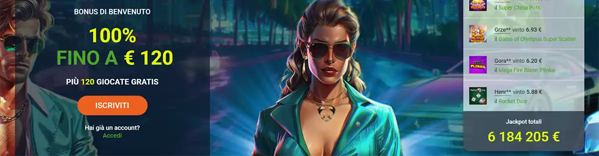 Italian casino welcome bonus banner featuring a female character, 100% bonus up to €120, free spins and sign-up call to action