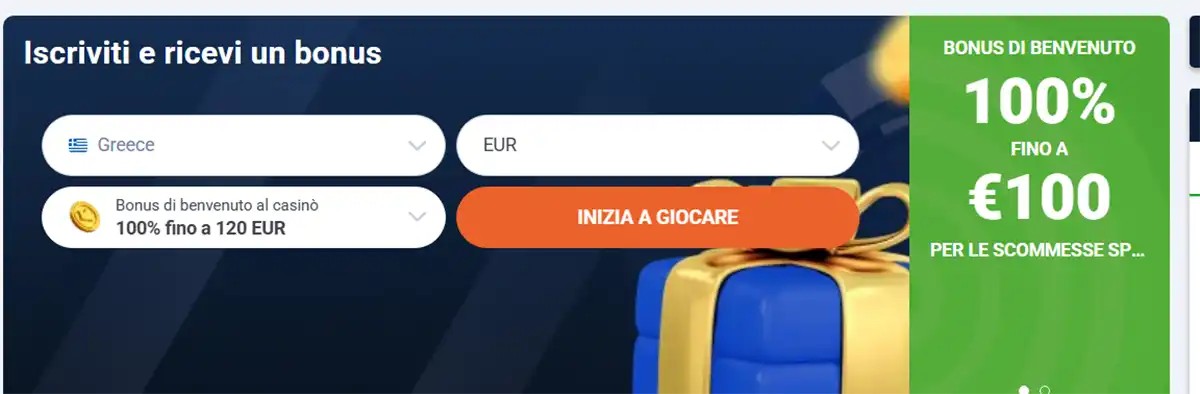 Online casino registration banner in Italian offering a 100% welcome bonus up to €100 with country and currency selection
