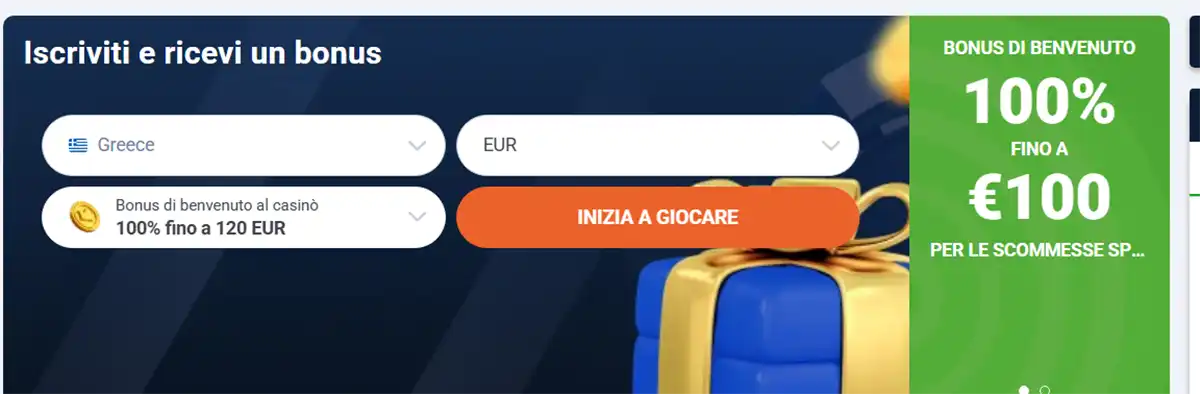 Online casino registration banner in Italian offering a 100% welcome bonus up to €100 with country and currency selection